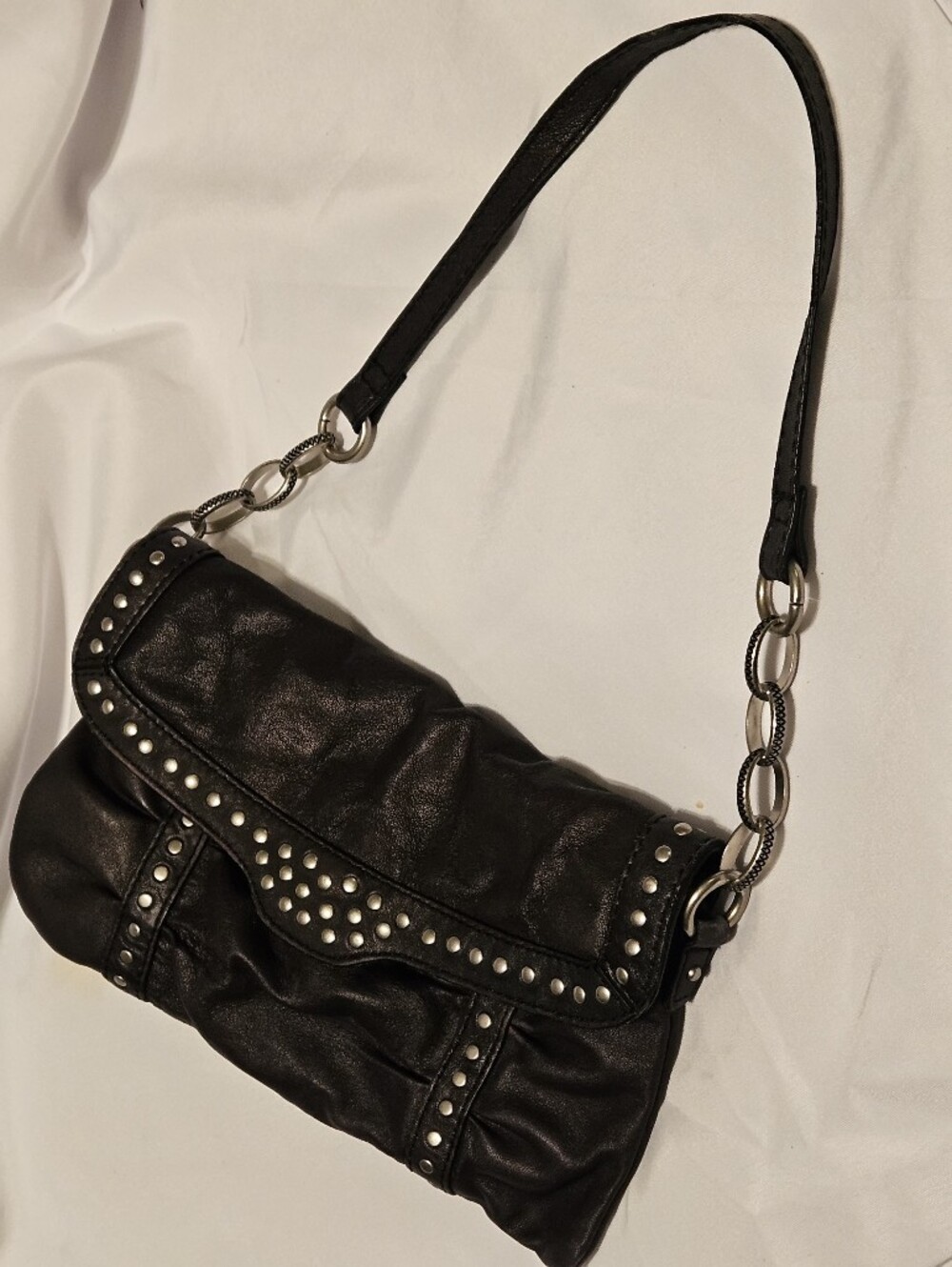 FOSSIL Y2K Brown Leather Studded Shoulder Bag Distressed Pleated Teal Lining